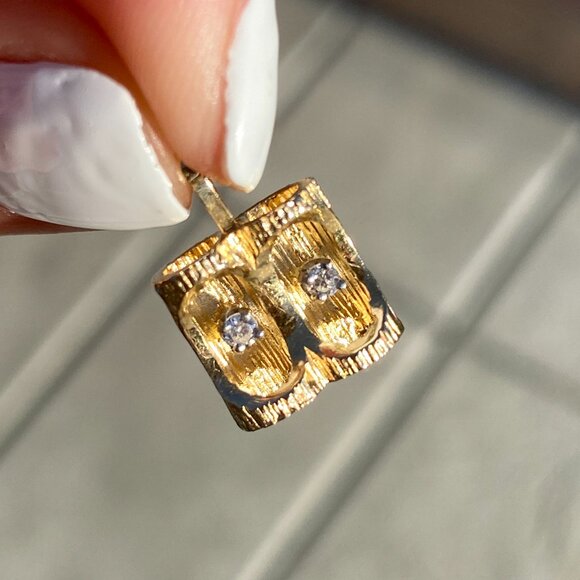 14K Real Yellow Gold Bark Finish Set with Genuine Diamonds Pendant - Picture 12 of 12